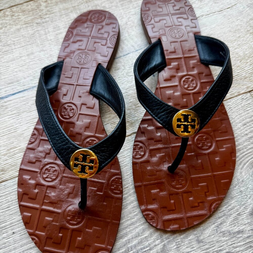 Tory Burch Thora Black Leather Flip Flops